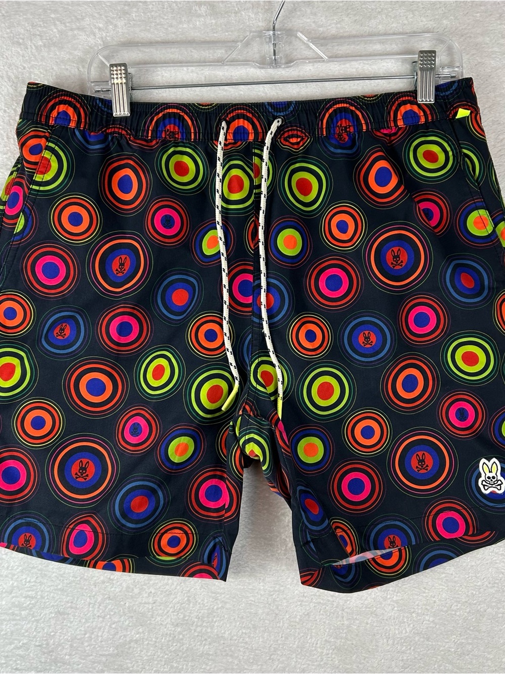 Psycho Bunny Black Swim Trunks Neon AOP Print men size large lined drawstring